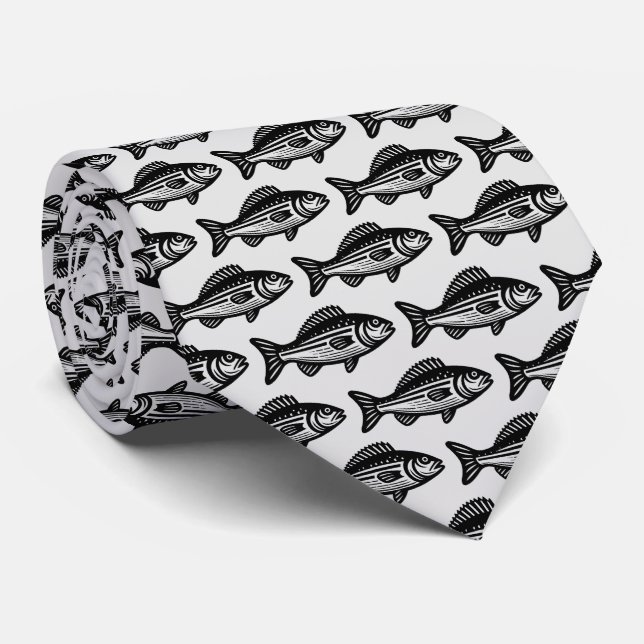 Fish Pattern - Black on Light Grey Tie (Rolled)