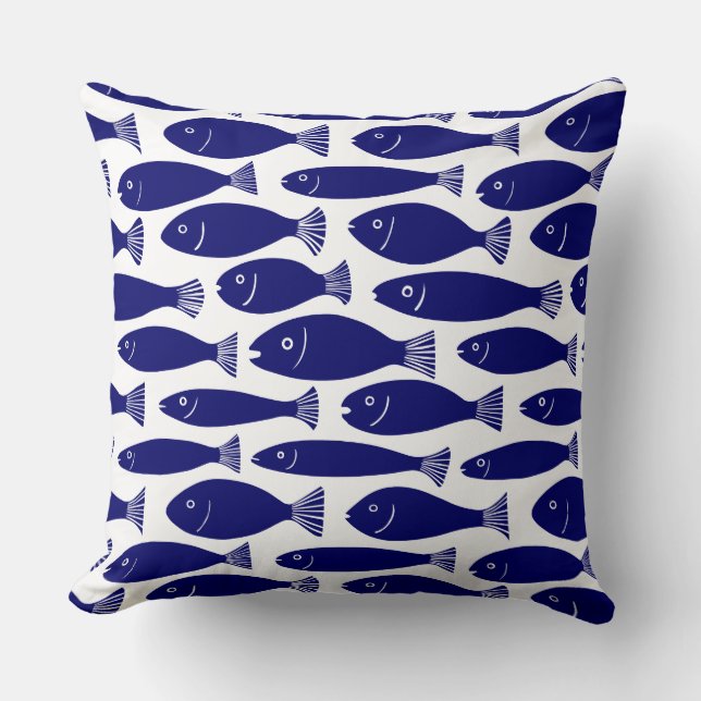 Fish Pattern - Dark Blue on White Cushion (Front)