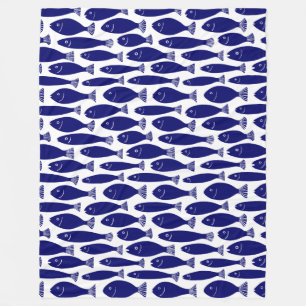 Fish Pattern - Dark Blue on White Fleece Blanket