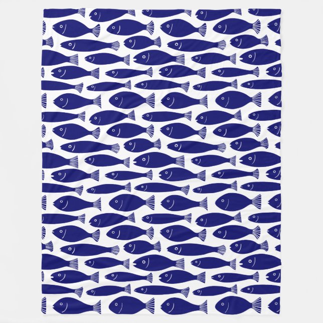Fish Pattern - Dark Blue on White Fleece Blanket (Front)