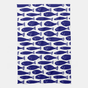 Fish Pattern - Dark Blue on White Tea Towel
