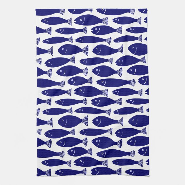 Fish Pattern - Dark Blue on White Tea Towel (Vertical)