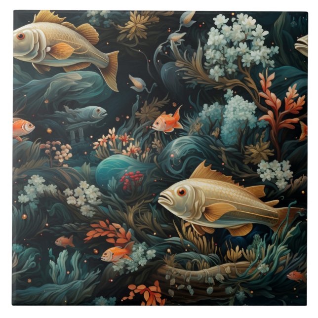 Fish Pattern, Dark Blue Sea, Dreamlike Tile (Front)