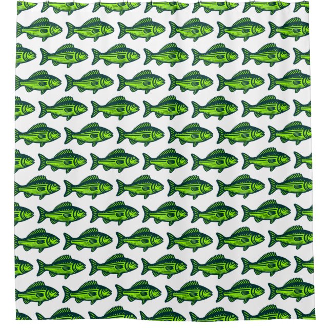 Fish Pattern -  Dark Green and Chartreus on White Shower Curtain (Front)