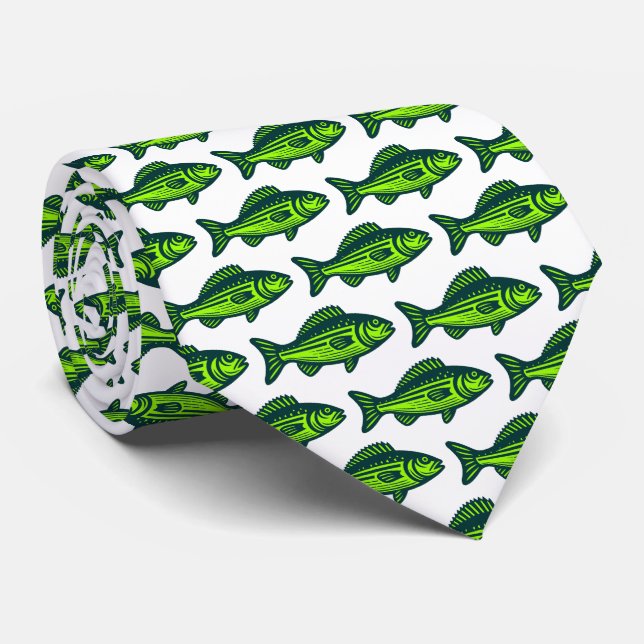 Fish Pattern -  Dark Green and Chartreus on White Tie (Rolled)