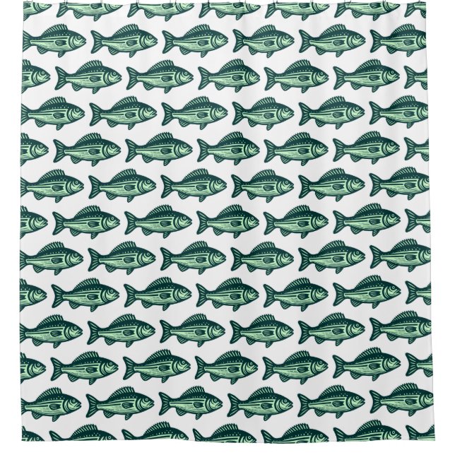 Fish Pattern - Dark Green and Ghost Green on White Shower Curtain (Front)
