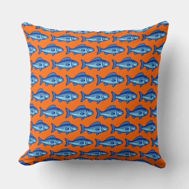 Fish Pattern - Navy Blue and Ice Blue on Orange Cushion (Front)