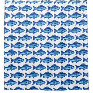 Fish Pattern - Navy Blue and Ice Blue on White Shower Curtain
