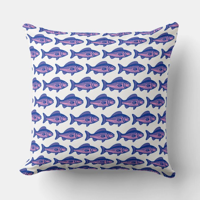 Fish Pattern - Navy Blue and Pink on White Cushion (Front)