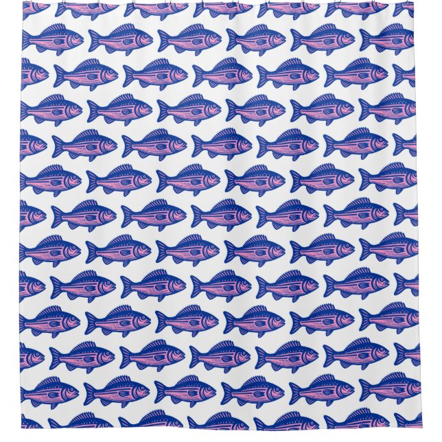 Fish Pattern - Navy Blue and Pink on White Shower Curtain (Front)