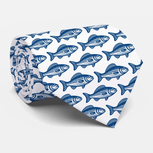 Fish Pattern - Shibori Blue on White Tie (Rolled)