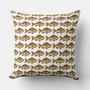 Fish Pattern - Walnut and Pale Yellow on White Cushion