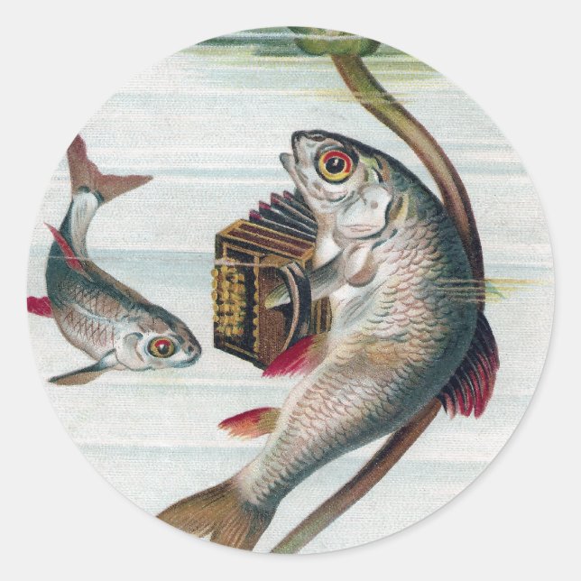 Fish Playing Accordion and Water Lily Classic Round Sticker (Front)
