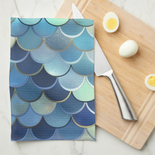 Fish Scale Pattern Blue Sky Background Golden Tea Towel