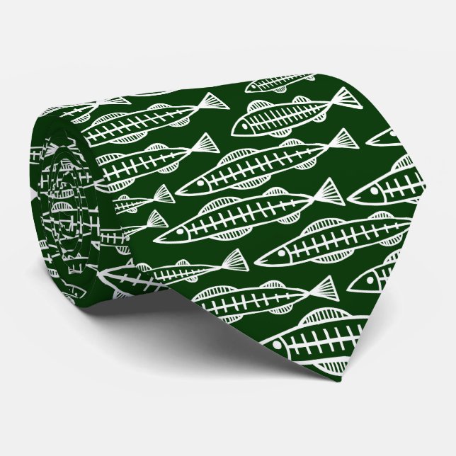 Fish School - White on Dark Green Tie (Rolled)