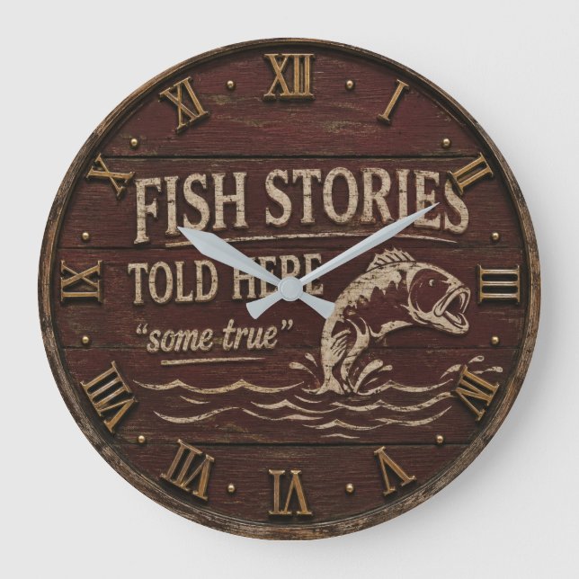 Fish Stories Told Here Funny Fishing Decor Large Clock (Front)
