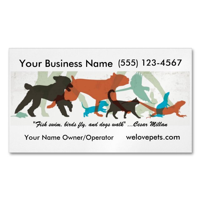 Fish Swim Birds Fly Dogs Walk Pet Sitter Magnetic Business Card (Front)
