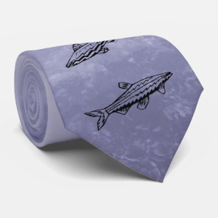 Fish Swimming Grey Ocean Black Line Art Necktie