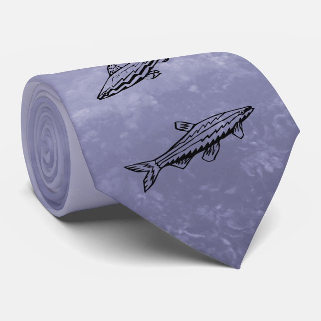 Fish Swimming Grey Ocean Black Line Art Necktie (Rolled)