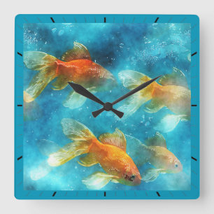 FISH SWIMMING.  ORANGE FISH. SQUARE WALL CLOCK