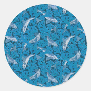 Fish Swimming Seaweed Coral Blue Vintage Classic Classic Round Sticker
