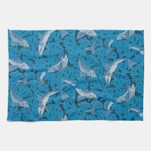 Fish Swimming Seaweed Coral Blue Vintage Classic Tea Towel