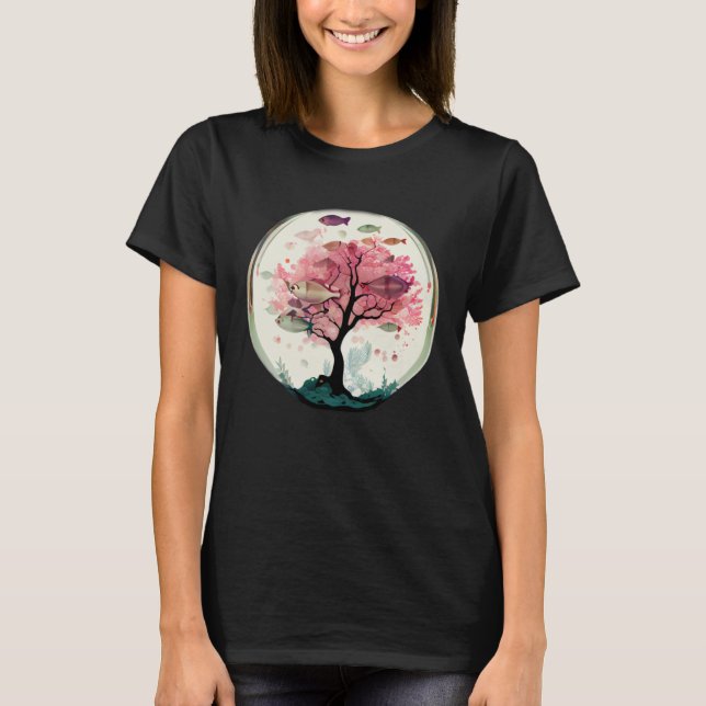 Fish swimming with Cherry blossom coral tree under T-Shirt (Front)