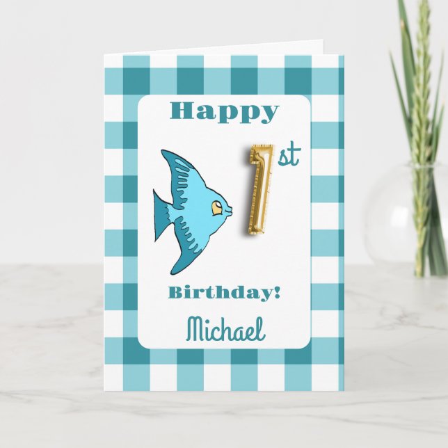Fish & Teal Gingham Balloon Number 1st Birthday Card (Front)