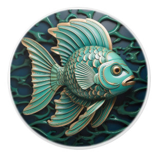 Fish Teal Green and Copper Marine Life Aquatic Ceramic Knob