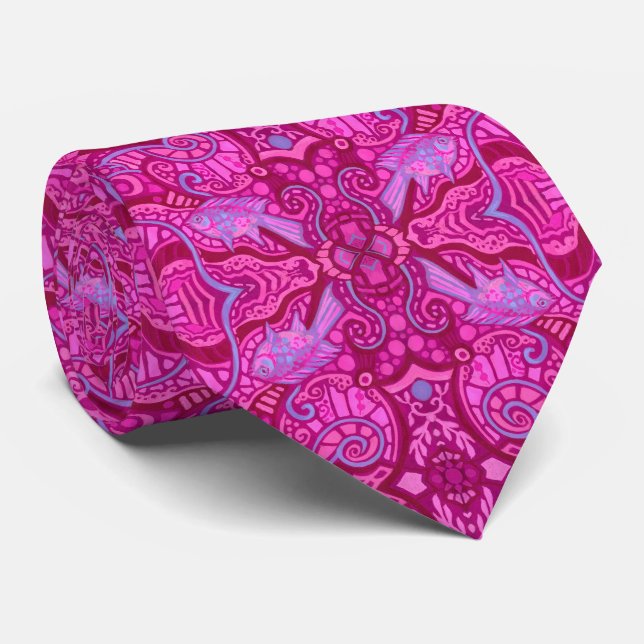 Fish Underwater Bohemian Arabesque Pattern Magenta Tie (Rolled)