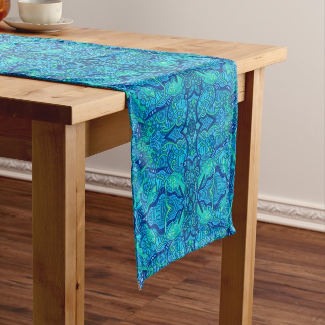 Fish Waves Underwater Bohemian Arabesque Pattern Short Table Runner (In Situ)