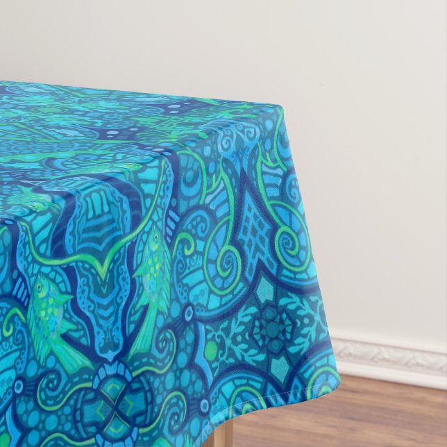 Fish Waves Underwater Bohemian Arabesque Pattern Tablecloth (In Situ)