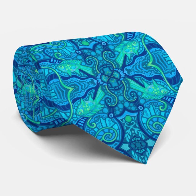 Fish Waves Underwater Bohemian Arabesque Pattern Tie (Rolled)