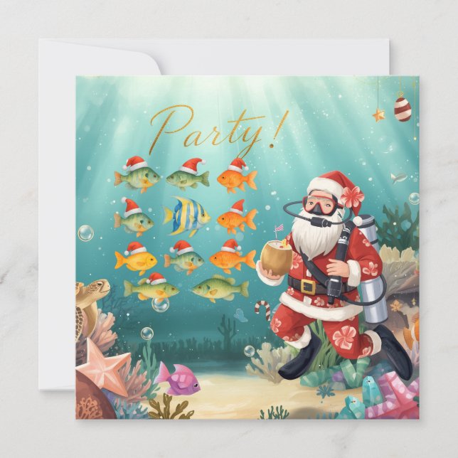 Fish wears Santa Hat Christmas Party with Santa Holiday Card (Front)