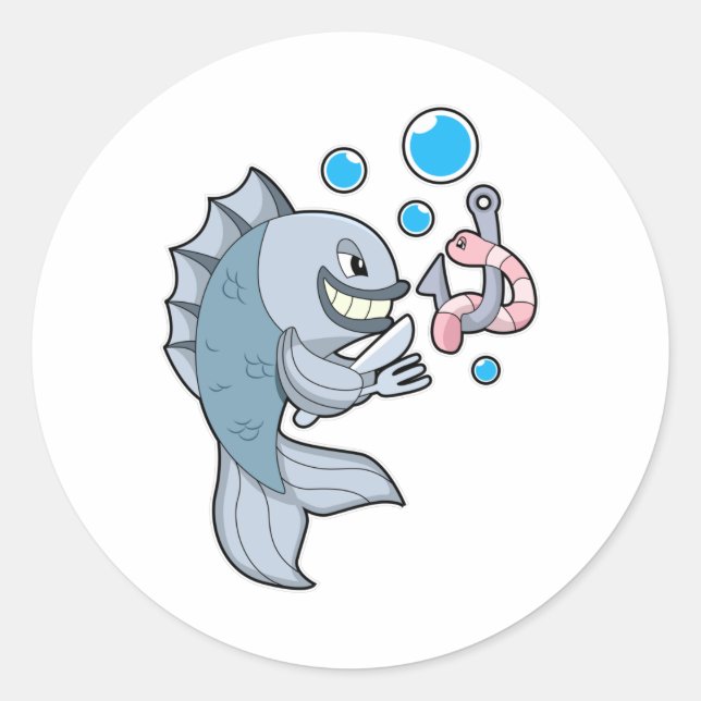 Fish with Fish hook & Worm Classic Round Sticker (Front)