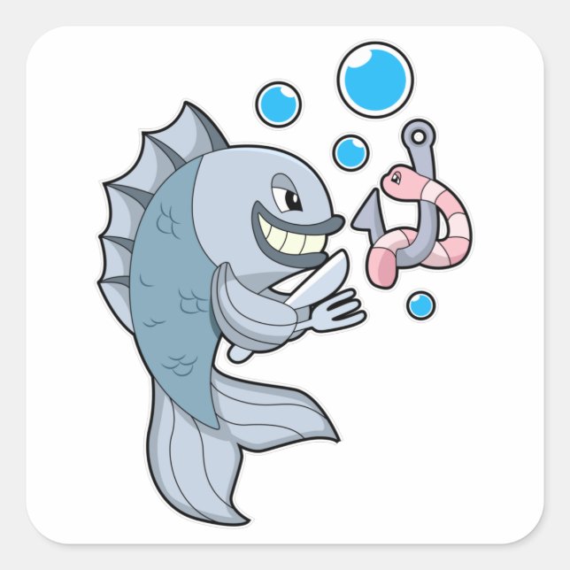 Fish with Fish hook & Worm Square Sticker (Front)