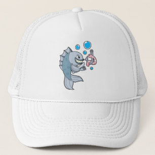 Fish with Fish hook & Worm Trucker Hat