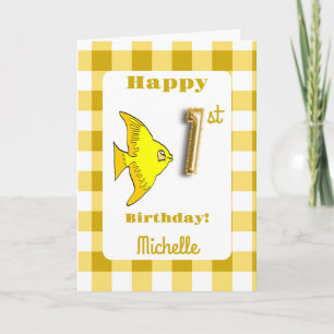 Fish & Yellow Gingham Balloon Number 1st Birthday Card