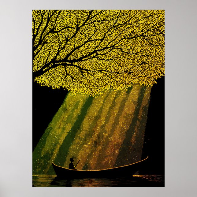 Fisherman at Night Under Giant Tree Canopy Poster (Front)