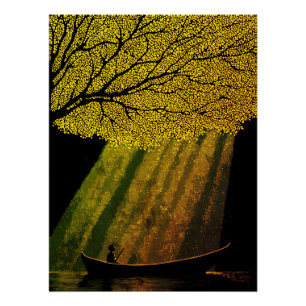 Fisherman at Night Under Giant Tree Canopy Poster
