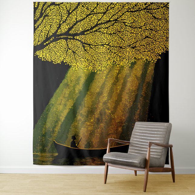 Fisherman at Night Under Giant Tree Canopy Tapestry (In Situ)