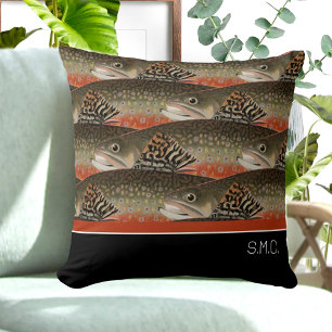 Fisherman Brook Trout Fish Design Black White Rust Cushion
