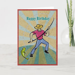 Fisherman catching fish with fishing rod vintage card