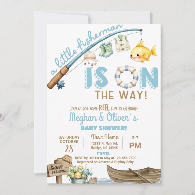 Fisherman / fishing boy reel fun baby shower. invitation (Front)