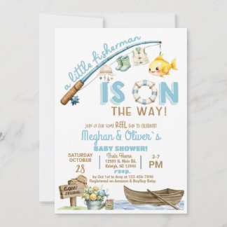 Fisherman / fishing boy reel fun baby shower. invitation