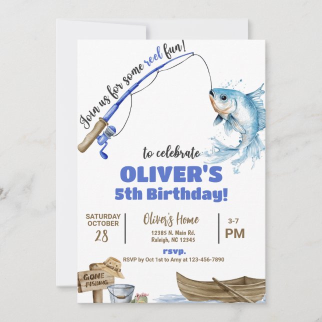 Fisherman / fishing boy reel fun birthday invite. invitation (Front)
