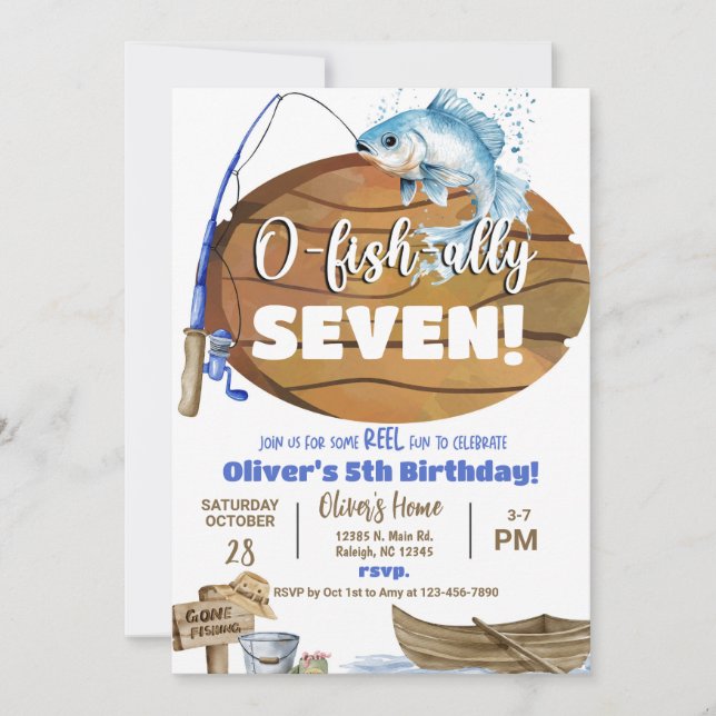Fisherman / fishing boy reel fun birthday invite. invitation (Front)