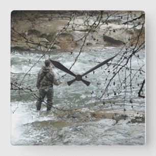Fisherman Fly Fishing River Steelhead Trout Square Wall Clock