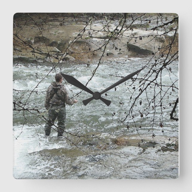 Fisherman Fly Fishing River Steelhead Trout Square Wall Clock (Front)