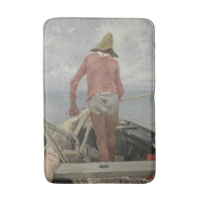 Fisherman in His Boat (by Vincenzo Caprile) Bath Mat (Front Vertical)